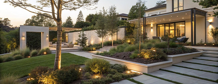Jardin contemporain aménagé avec terrasses, murets paysagers, éclairage extérieur et plantations structurées autour d’une maison moderne