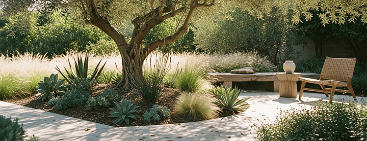 Aménagement paysager contemporain avec olivier, plantes méditerranéennes et espace détente intégré dans un jardin structuré et naturel.