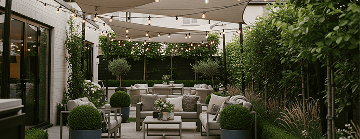 Décors jardin extérieur avec salon de jardin haut de gamme, éclairage d’ambiance et voiles d’ombrage sur une terrasse paysagée